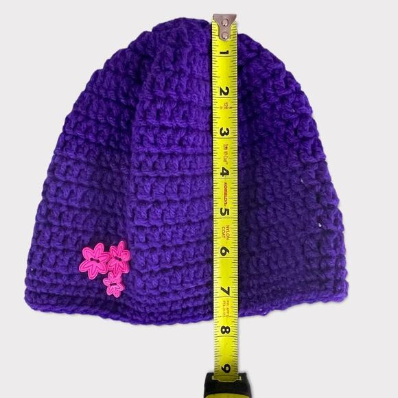 Hand Knit Crochet Girls Hat Purple with Pink Flower Buttons - Picture 4 of 8